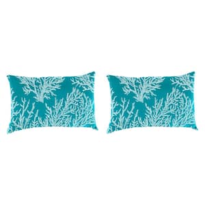 18 in. L x 12 in. W x 4 in. T Seacoral Turquoise Outdoor Lumbar Throw Pillow (2-Pack)