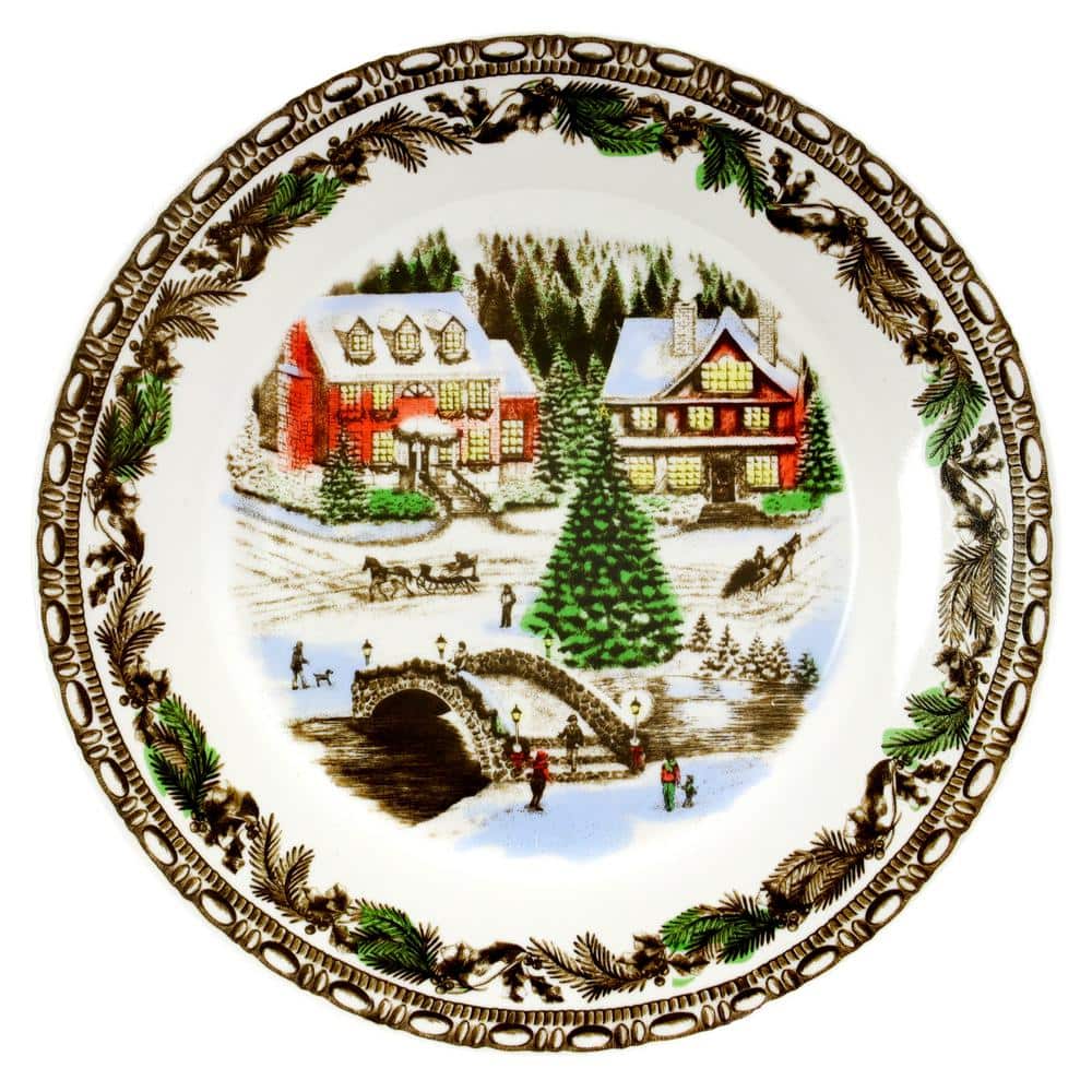 Christmas Toile 16-Piece Porcelain Dinnerware Set with Winter Scene