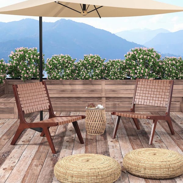 Costway Set of 2-Brown Woven Leather Accent Chair Mid Century Rubber Wood Armless Side Chair