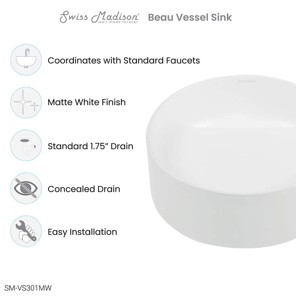 Beau 16.5'' Matte White Ceramic Round Vessel Bathroom Sink
