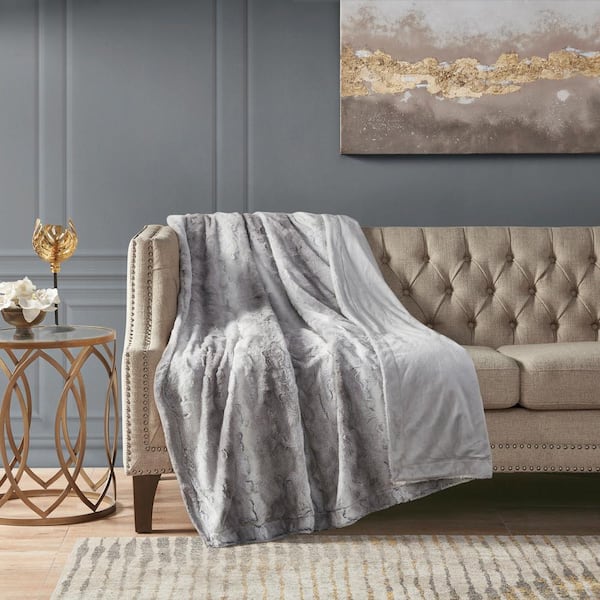Madison Park Marselle Grey Faux Fur Throw Blanket