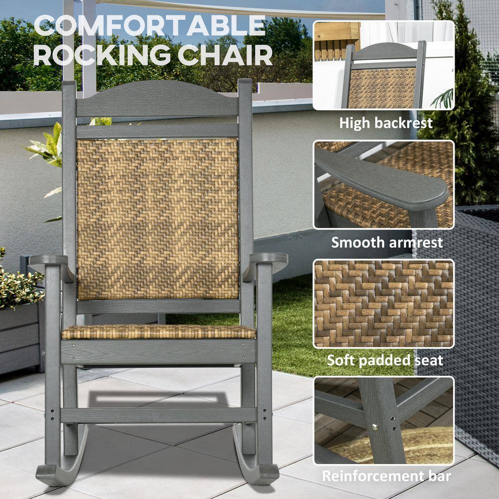 Traditional Dark Gray Wicker Porch Rocking Chair with Padded Seat