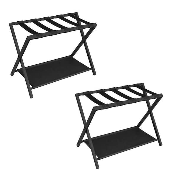 Black Foldable Luggage Rack with Storage Shelf, Heavy Duty Steel Frame, Space-Saving for Bedroom, Hotel Use, 2 Pack