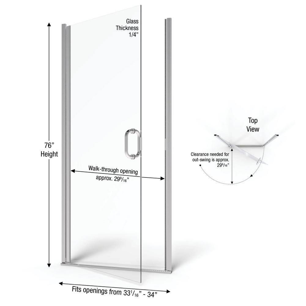 Infinity 34" x 76" Semi-Frameless Chrome Shower Door with Clear Glass