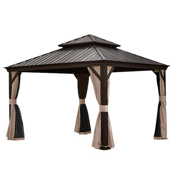 Brown 12 ft. x 12 ft. Metal Hardtop Gazebo Canopy with Drainage System, Curtain and Netting for Patio, Garden, Backyard