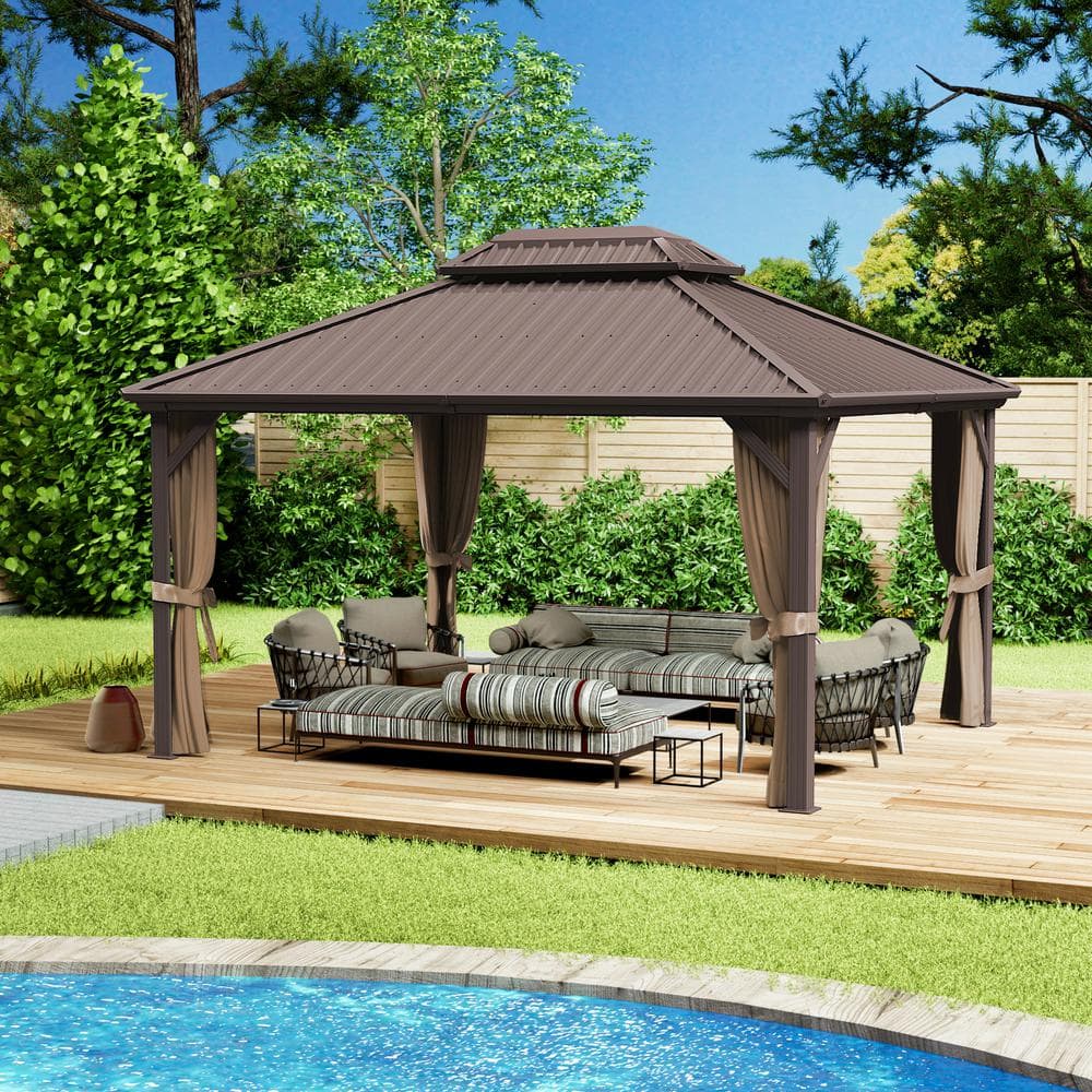 Caesar 12x14 Dark Brown Aluminum Permanent Gazebo with Netting and Curtains