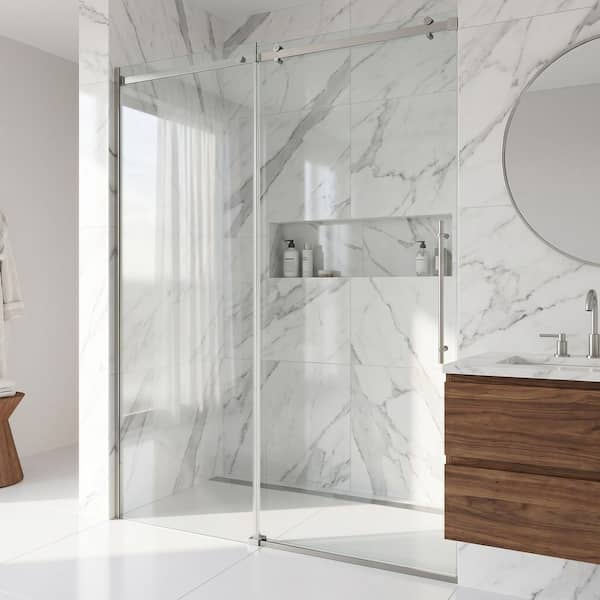 Luca 56 to 60 in. W x 79 in. H Sliding Frameless Shower Door in Stainless Steel with 3/8 in. (10mm) Clear Glass