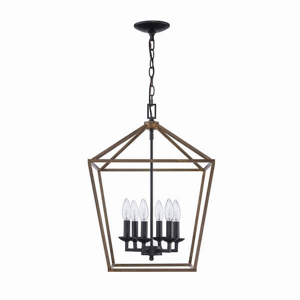 Home Decorators Collection Weyburn 6 Light Black And Faux Wood Caged Farmhouse Dining Room Chandelier Lantern Kitchen Pendant Lighting 66201 Fw Bk - Home Decorators Collection 6 Light Chandelier