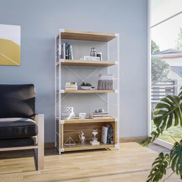 Brentwood Etagere 4 Shelves Modern Bookcase with White Stainless Steel Frame and Melamine Board Shelves in Natural Wood