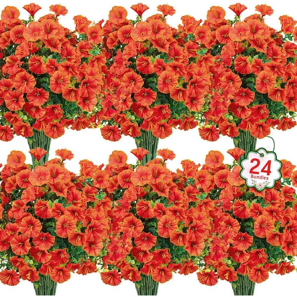 24 Bundles 14.2 in. Orange Indoor/Outdoor Artificial Eucalyptus Morning Glory Flower
