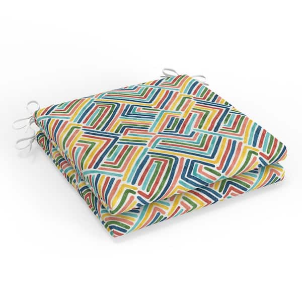 Pillow Perfect Geometric 20 in W x 3 in H Square Outdoor Chair Pad Cushion with Ties 2-Count in Estie Multi