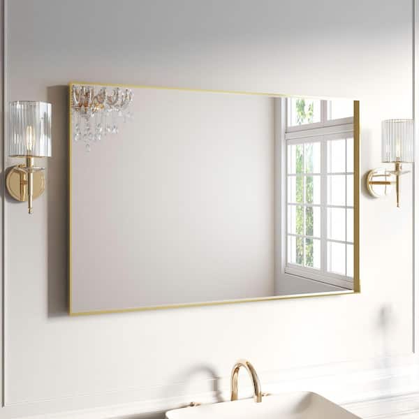 48 in. W x 32 in. H Gold Aluminum Rectangular Framed Wall Bathroom Vanity Wall Mount Mirror