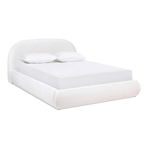 Archie White Wood Frame Queen Puffy Grounded Upholstered Platform Bed in Almond White Chenille
