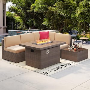 6-Piece Brown Wicker Outdoor Patio Conversation Set with 44 in. Fire Pit and Beige Cushions