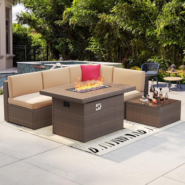 SUNMTHINK 6-Piece Brown Wicker Outdoor Patio Conversation Set with 44 in. Fire Pit and Beige Cushions
