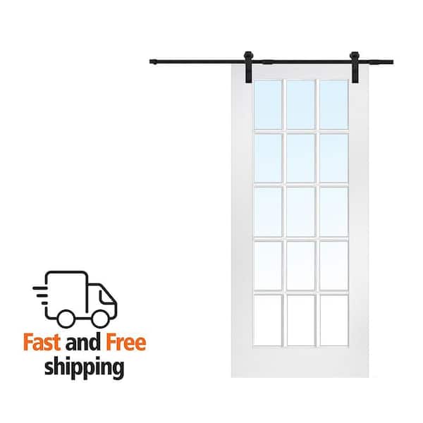 36 in. x 84 in. 15 Lite True Divided Primed MDF Assembly Required Sliding Barn Door with Hardware Kit