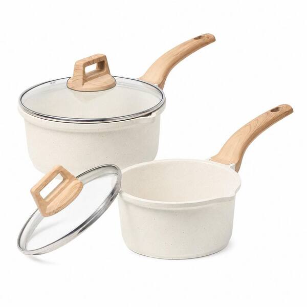 1.5 Qt and 3 Qt Nonstick Saucepan Set with Lids and Pour Spouts, 4-Piece Cookware, White Granite Finish
