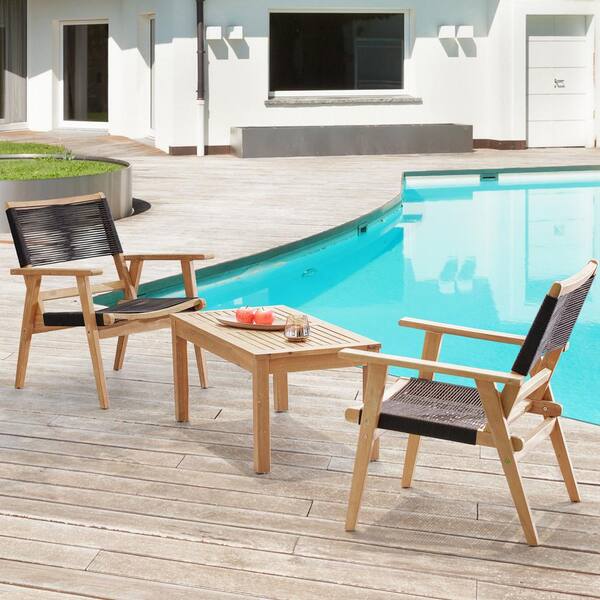 Unbranded 3-Piece Wood Patio Conversation Set, Outdoor Black Rope Furniture Set for Backyard, Poolside, Garden