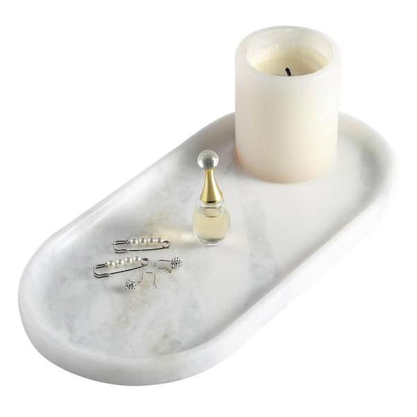 Natural Stone White 12 in. x 6 in. Decorative Tray, Vanity Tray Marble Jewelry Dish for Countertop