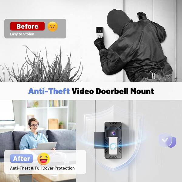 Anti-Theft Doorbell Mount For Ring Doorbell 4/3/2/1 & Blink - No Drill, Stainless Steel & Aluminum, Black