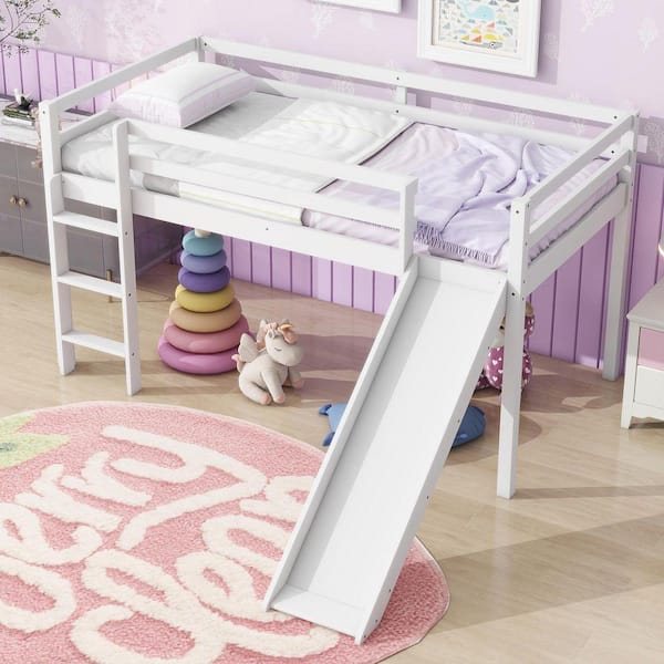 Qualler White Twin Size Wood Loft Bed with Slide and Ladder FSINSP522K ...