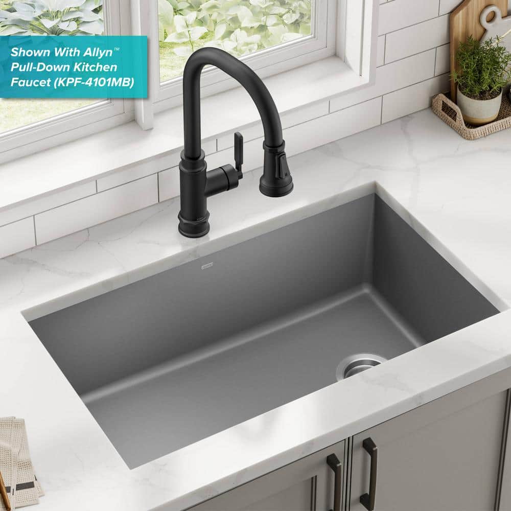 Gray 32-inch Undermount Single Bowl Granite Kitchen Sink
