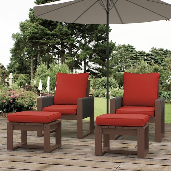 2-Piece Outdoor Wooden Lounge Chair Set with Ottomans, Red Cushions