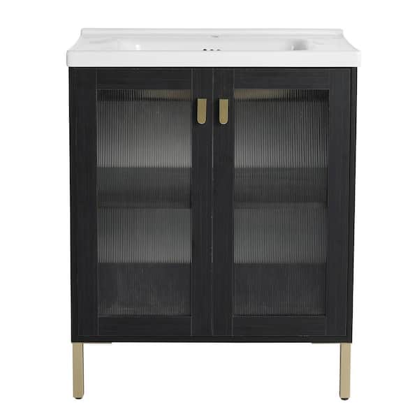 JimsMaison 28 in. W x 18.5 in. D x 34.8 in. H Single Sink Freestanding Bath Vanity in Black with White Ceramic Top