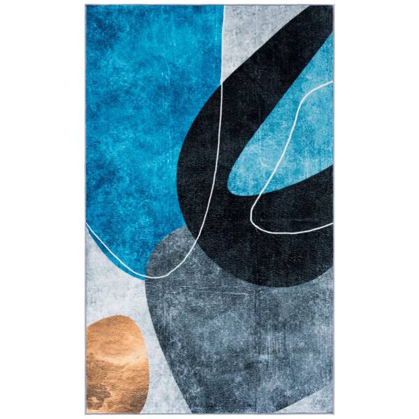Santa Monica 4 x 6 Dark Gray/Turquoise Abstract Washable Area Rug