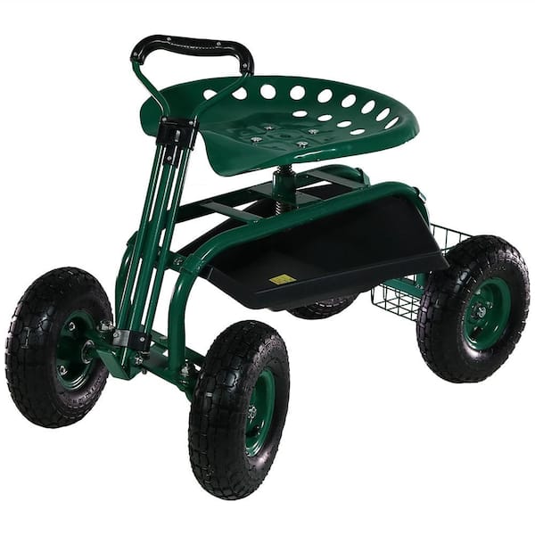 Sunnydaze Decor Green Steel Rolling Garden Cart with Extendable Steering Handle, Swivel Seat and Basket