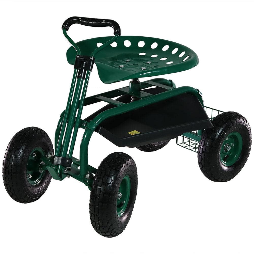 Sunnydaze Green Steel Rolling Garden Cart with Extendable Steering Handle, Swivel Seat and Basket