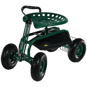 Green Steel Rolling Garden Cart with Extendable Steering Handle, Swivel Seat and Basket