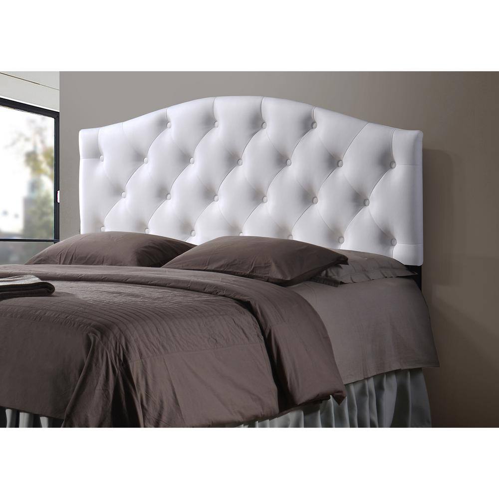 Elegant White Faux Leather Full Upholstered Tufted Scalloped Headboard