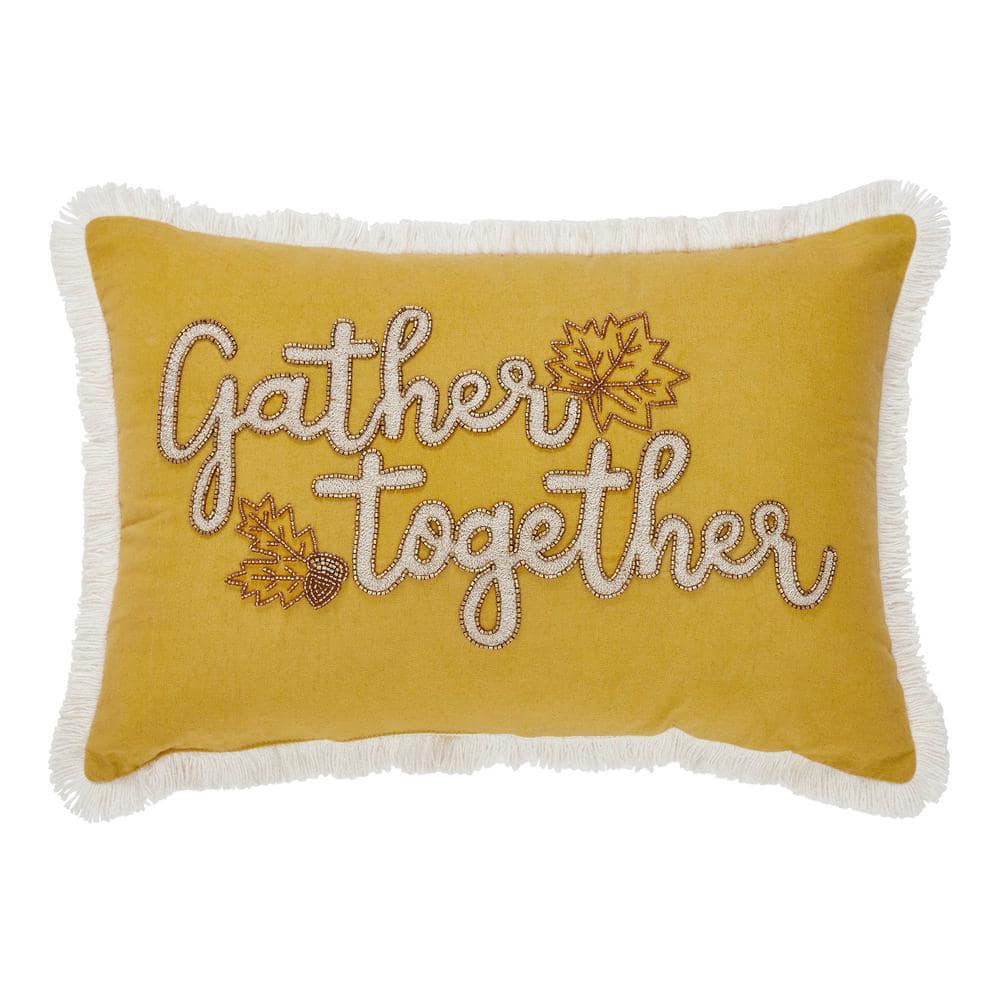 Gather Together Yellow Embroidered Cotton Blend Throw Pillow