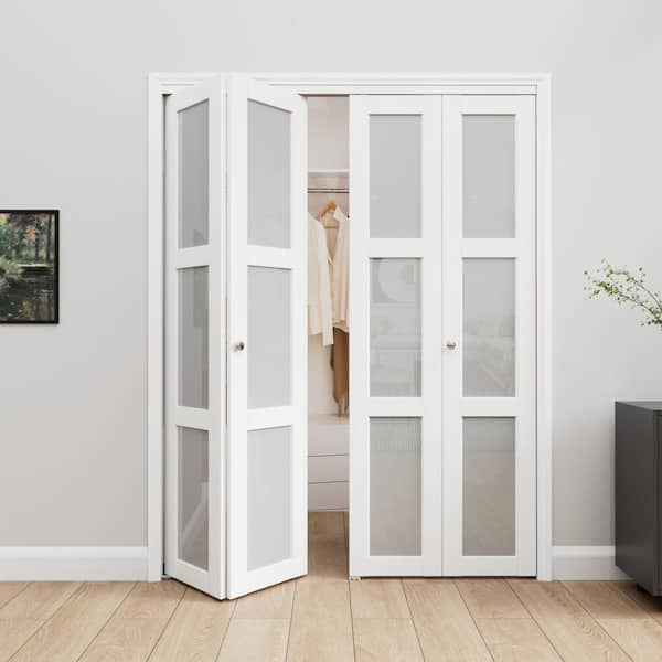 60 in. x 80 in. 3-Lite Tempered Frosted Glass and Solid Core White Finished MDF Closet Bi-Fold Door with Hardware