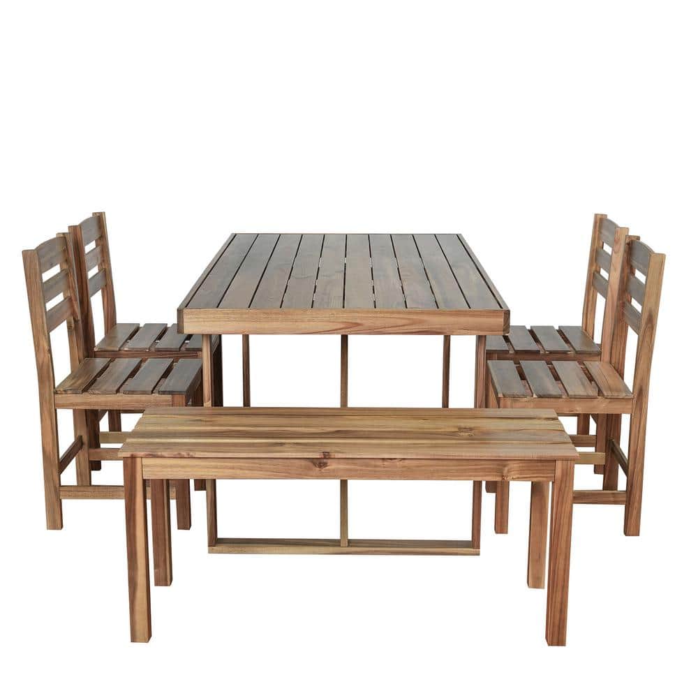 6-piece acacia wood outdoor dining set featuring a rectangular table, four chairs, and one bench.