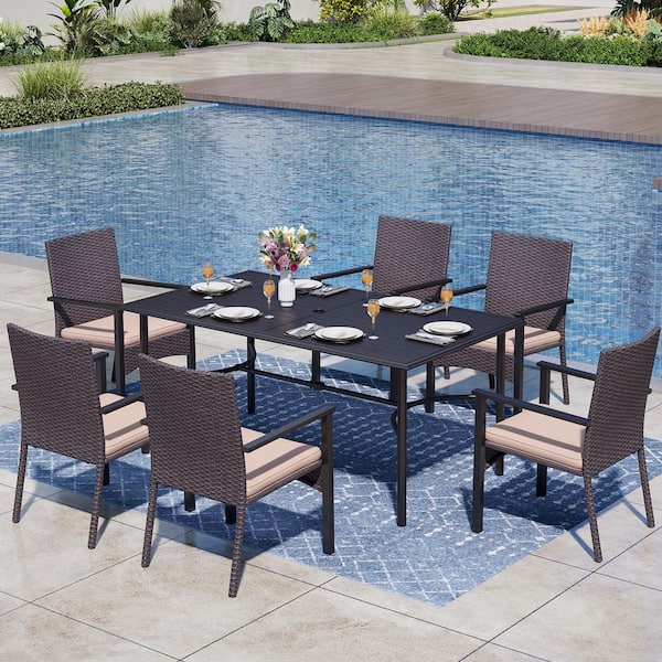 PHI VILLA Black 7-Piece Metal Rectangle Table Patio Outdoor Dining Set with Rattan Chairs with Beige Cushion