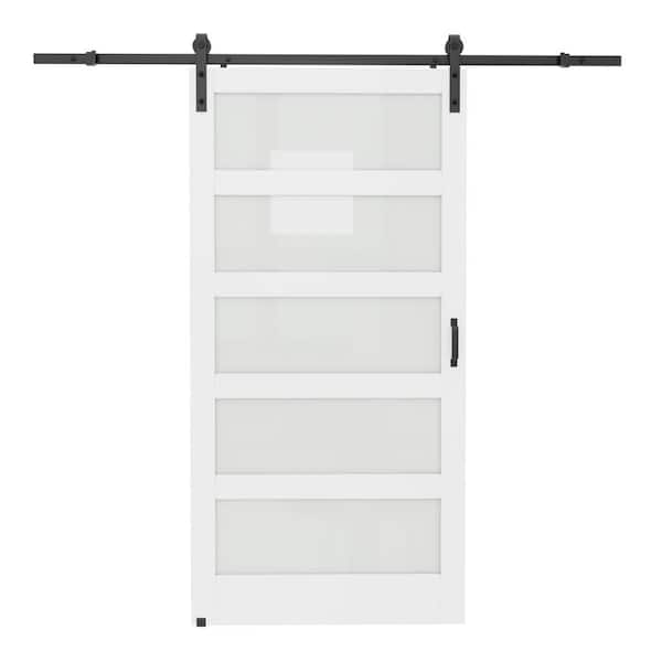 ARK DESIGN 42 in. x 84 in. 5 Lite Tempered Frosted Glass and Solid Core MDF White Primed Sliding Barn Door with Hardware Kit