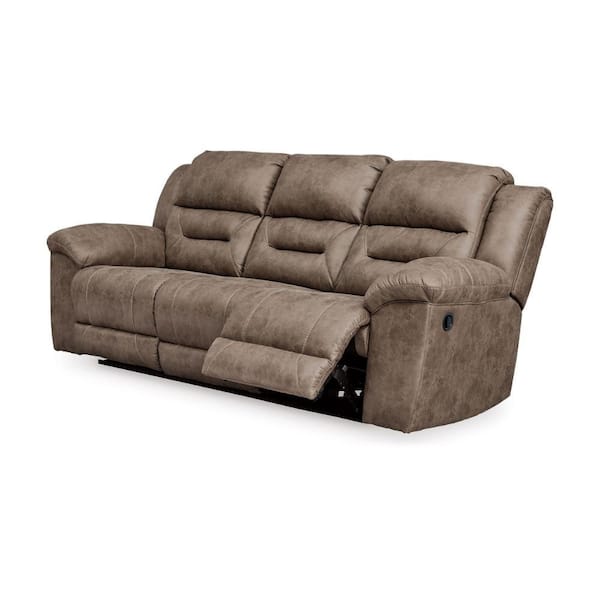 Benjara Aky 90 inch Manual Recliner Sofa Cushioned Seat Soft Taupe Faux Leather