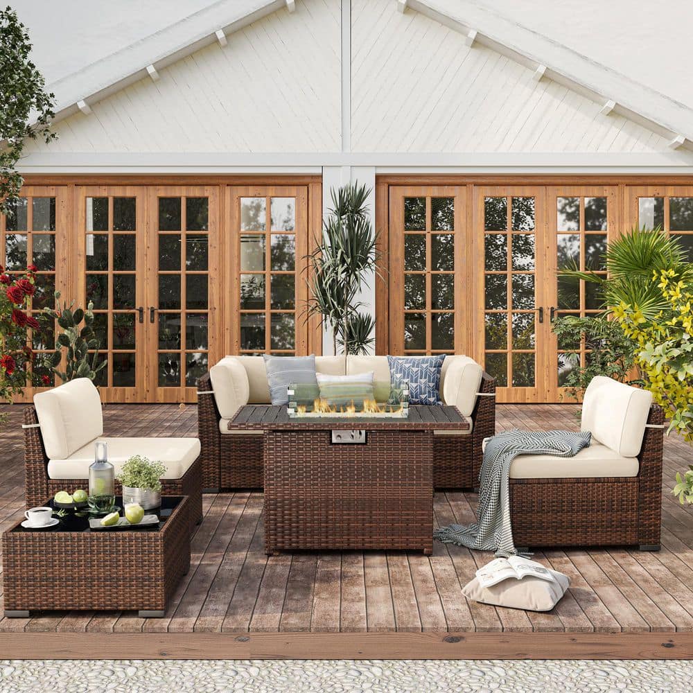 6-Piece Wicker Patio Conversation Seating Sofa Set with Beige Cushions and Firepit Table price history on PriceWatchPro