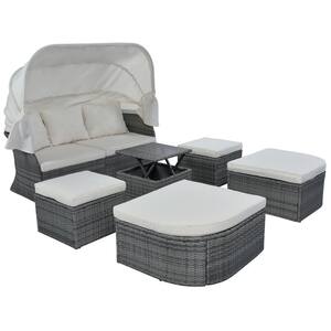 6-Piece Wicker Outdoor Patio Day Bed with Beige Cushions
