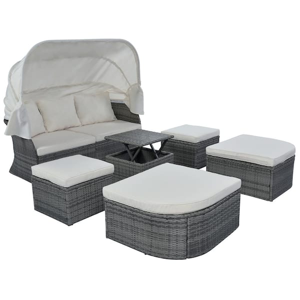 Unbranded 6-Piece Wicker Outdoor Patio Day Bed with Beige Cushions