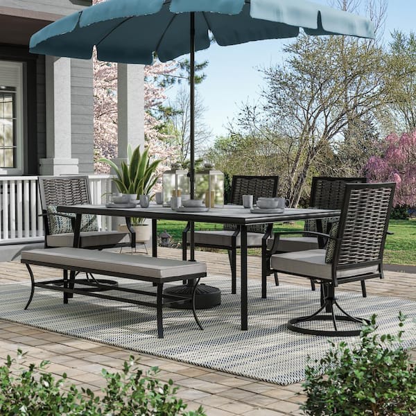 GREEMOTION Sintra 6-Piece Steel/Wicker Rectangle Outdoor Dining Set with Swivel Chairs and Gray Cushions