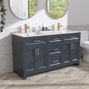 60 in. W. x 22 in. D x 34 in. H Freestanding Shaker Single Sink Bath Vanity Bathroom in Navy Blue with Solid Surface Top