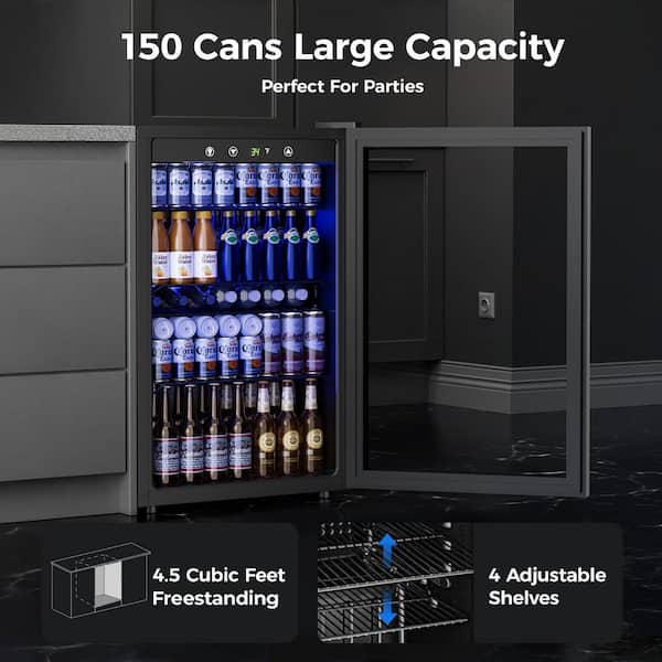 21 in Single Zone 150-Cans Freestanding Beverage Refrigerator Cooler Fridge in Black, Reversible Door