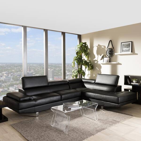 Baxton Studio Selma Black Faux Leather 4-Seater L-Shaped Right-Facing Chaise Sectional Sofa with Chrome Legs