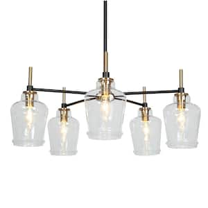 25 in. 5-Light Brass Modern Island Chandelier, Clear Glass Mason Jar Pendant Light, Farmhouse Black Light Fixture