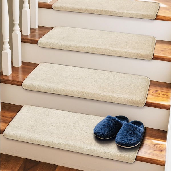 PURE ERA Soft Plush Khaki 9.5 in. x 30 in. x 1.2 in. Bullnose Indoor Stair Tread Cover Tape Free Non-slip Carpet Set of 14