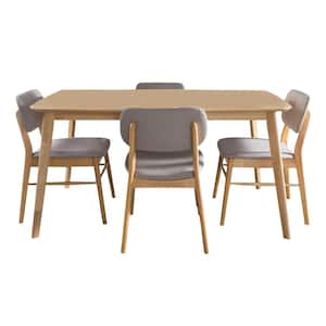 Colette 5-Piece Light Grey Fabric Upholstered and Natural Oak Wood Dining Set