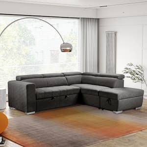 Hazell 97 in. 3-Piece Brown L Shaped Sectional Sofa Bed with Storage Ottoman / Adj. Backrest